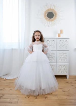 Cold Shoulder White Polka Dotted Lace Tulle Flower Girl Dress